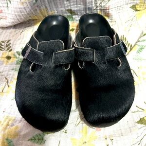 Birkenstock Boston Black Calf Pony Hair Womens Size EU 37 US 6/6.5